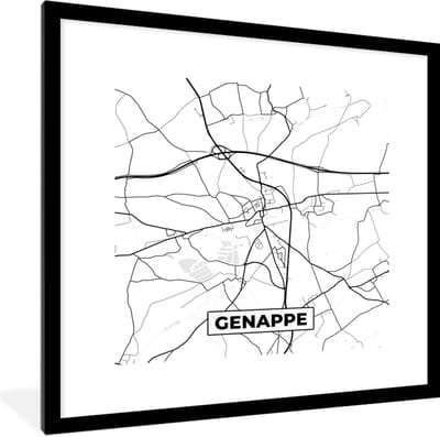 Fotolijst incl. Poster Zwart Wit- Stadskaart – Plattegrond – België – Zwart Wit – Genappe – Kaart - 40x40 cm - Posterlijst