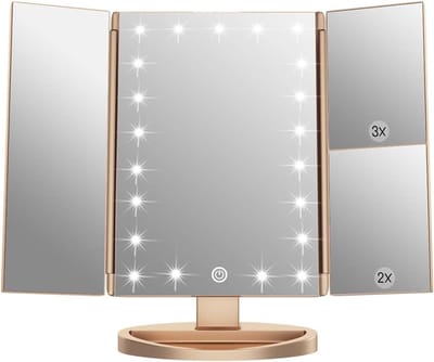Make-upspiegel, 1 x / 2 x / 3 x make-upspiegel met drie luiken met 21 led-lampen en verstelbare spiegel met touchscreen, cosmetische toonbankspiegels (goud)