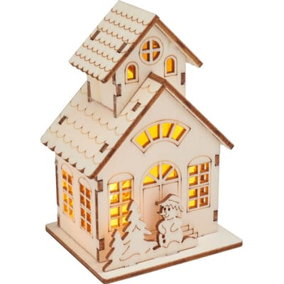 VBS Houten bouwpakket "Huis met toren en sneeuwpop", incl. LED's