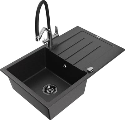 Mexen Bruno granieten spoelbak met 1 bak met afdruiprek en Duo keukenkraan, zwart/zilver metallic - 6513-73-671701-07-B