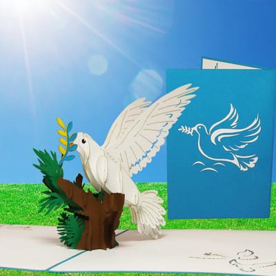 Pop-up Kaart Vredesduif - Wenskaart 3D - Vrede Wensen - Ontvouwt in Blauw Geel - A6 - Blauw