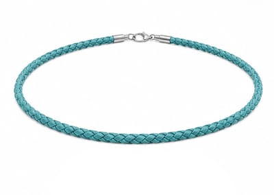 AuBor ®. Gevlochten leren ketting met zilveren sluiting. Turquoise. 3mm × 38cm