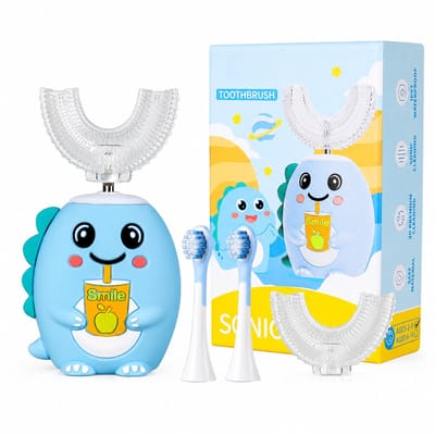 Gloovon® - Elektrische Tandenborstel Kind - U-vormige borstelkop + Rechte borstelkop - Met slimme timer - 5 standen - 2 t/m 6 Jaar - Blauw