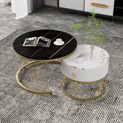 Sweiko Salontafel, Woonkamer tafel, Sofa tafel, Marmer uiterlijk, Gouden decoratie, bijzettafel met laden (set van twee), Zwart