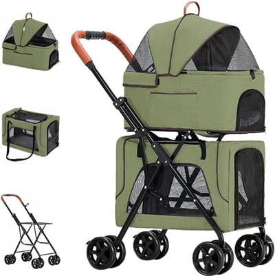 Huisdieren Kinderwagen - Dierenbuggy Dubbel - Reizen met Huisdieren - Opvouwbaar en Afneembaar - 68x48x105cm - Groen