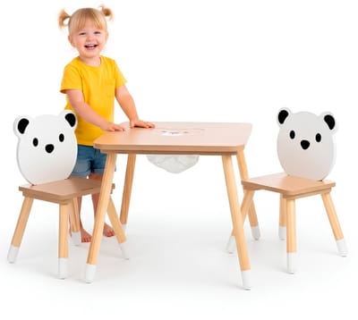 Mamabrum Montessori Houten Kindertafel met Opbergvak – 2 Stoelen in Beren Design – MAM261 CHAIR SET – Educatieve Speeltafel & Stoelenset voor Kinderen 3–6 jaar