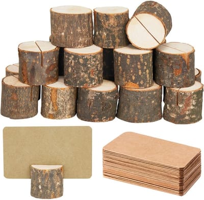 12x Rustieke Houten Plankje Kaarthouders met 30 Kraft Tafelkaartjes - Naambordjes voor Feest of Bruiloft