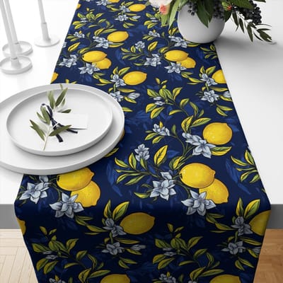 Zomer Marineblauw Citroen Fruit Bloemen Linnen Tafelkleed Feestdecoratie Herbruikbaar Keuken Eettafelkleed Bruiloftsdecoraties 150x33cm yellow