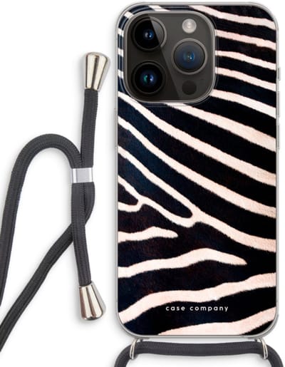 Case Company® - Hoesje met koord geschikt voor iPhone 14 Pro hoesje met Koord - Zebra - Telefoonhoesje met Zwart Koord - Bescherming aan alle Kanten en Over de Schermrand
