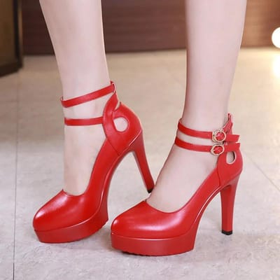 11cm Klein Maat 33-43 Enkelband Platform Pumps Dames Herfst Stilettos Hoge Hakken Schoenen Zacht Leer voor Kantoor Model Feest 35 rood