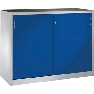 C + P gereedschapskast met schuifdeuren Acurado, B 1600 x D 500 x H 1200 mm, draagvermogen per legplank 70 kg, staal, lichtgrijs/geniaanblauw