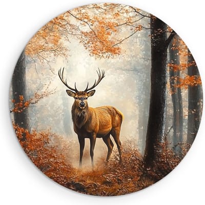 Saammp Muurcirkel Hout - Natuur - Hert in bos - Herfst - Dieren - Ø 90 - Wandcirkel - Wanddecoratie Cirkel - Muurdecoratie Woonkamer - Slaapkamer decoratie - Rond Schilderij