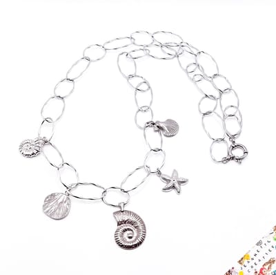 Jeannette-Creatief® - Beach - Bedelketting Ammoniet Schelpen Zeester RVS Zilveren Jasseron Ketting - Bedelketting - Ketting - XL Ketting - Ketting met Schelpen - Ketting met Bedels - Bedels - Ketting Zilver - Chunky Ketting - Mermaidcore
