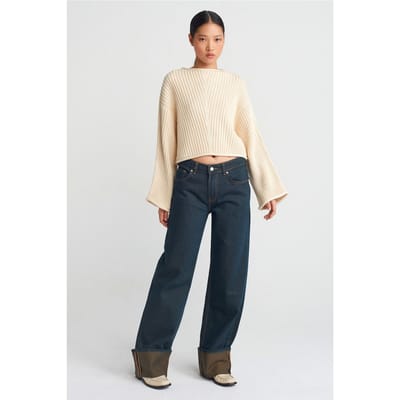 Midden taille brede pijpen katoen denim jeans
