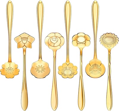 8x Bloemen Lepels - Set - Theelepel / Koffielepel - 12cm - Goud - 8 Stuks