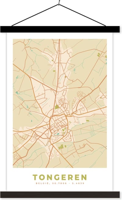 Posterhanger incl. Poster 40x60 cm - Schoolplaat - Kaart - Vintage - Tongeren - Stadskaart - Plattegrond - Textielposter - Zwarte latten - Stadskaart