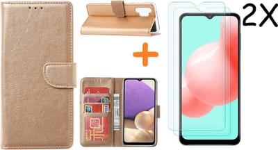 Hoesje Geschikt Voor Samsung Galaxy A32 hoesje bookcase Goud Met screenprotector / 2X tempered glass