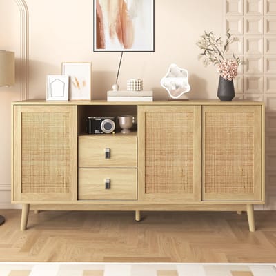 Buffetkast Met Rieten Schuifdeuren - 155x38x80 Cm - Opbergkast Met 2 Laden - Houtkleur
