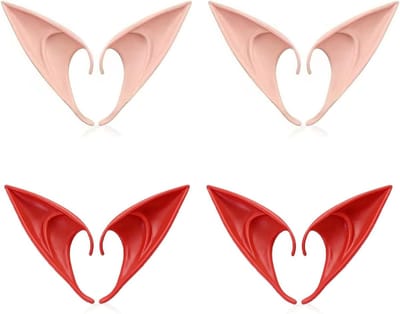 Elfenoren set van 4 paar in rood en vleeskleur, zachte puntige tips voor fantasiekostuums, Halloween en kerst, 8 cm lang