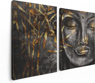 Artaza Canvas Schilderij Tweeluik Gouden Boeddha Van Aquarel - Abstract - 120x80 cm - Wanddecoratie Woonkamer - Schilderijen - Muurdecoratie