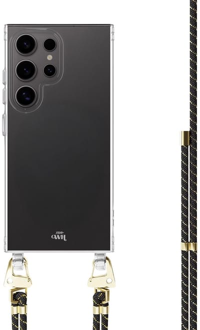 xoxo Wildhearts siliconen hoesje - Geschikt voor Samsung Galaxy S26 Ultra - Gold Goddess - Telefoonhoesje - Hoesje met koord - telefoonkoord - Transparant hoesje - In lengte verstelbaar - Zwart - Goud - Zwart koord met gouden strepen