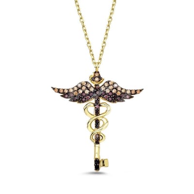 18K Goud Engel en Vleugels Sleutel Hanger Ketting