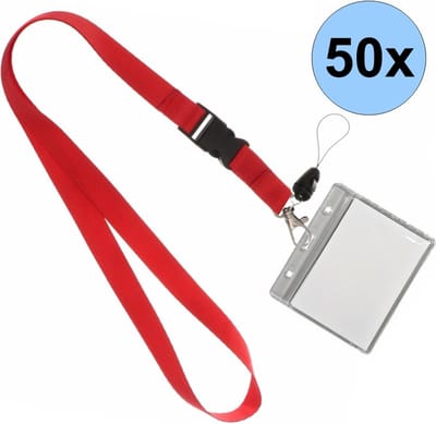 50 Rode Keycords Met Badgehouders - Keycord + Badgehouder Plastic XL - Sleutelkoord - Badgehouder - 51cm - 20mm - Rood - 50 Stuks