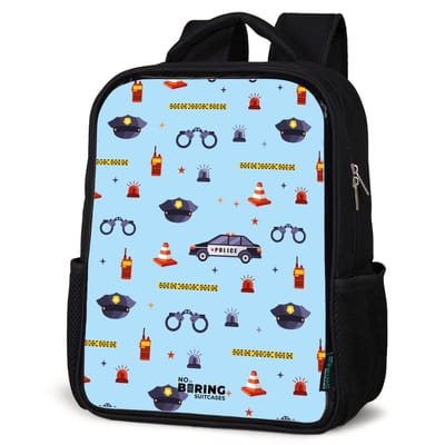 NoBoringSuitcases.com® - Rugzak zwart - Schooltas jongen & meisje - Politie en veiligheidspatroon op lichtblauw - Rugtas voor school - Boekentas kind - Schoolrugzak - Kinderrugzak
