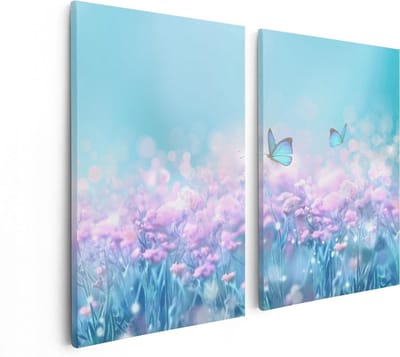 Artaza Canvas Schilderij Tweeluik Twee Blauwe Vlinders Bij Roze Bloemen - 80x60 - Foto Op Canvas - Canvas Print