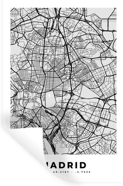 Muurstickers - Sticker Folie - Madrid - Zwart Wit - Stadskaart - Plattegrond - Kaart - 20x30 cm - Plakfolie - Muurstickers Kinderkamer - Zelfklevend Behang - Zelfklevend behangpapier - Stickerfolie