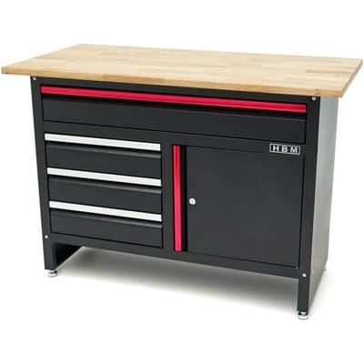 HBM 120 cm Werkbank met 4 Laden , 1 Deur en Houten Blad in Zwart