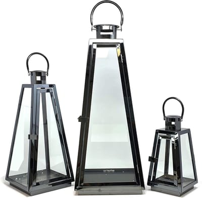 Lantaarn Set - Kaarsenhouder Decoratie - Sfeerverlichting Buiten - Gehard Glas - 3 Delig - Zwart