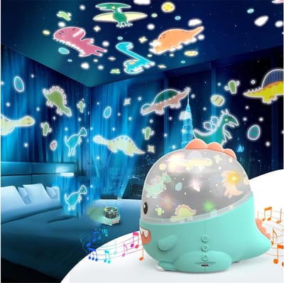 Projectorlamp - Sterrenhemelprojector - Plafondprojector - Driekleurige muziekdoos - Speelgoedhemellamp voor jongens en meisjes - Verjaardags- en kerstcadeau voor tieners en kinderen - 27 dia's - Slaapkamerdecoratie - 13 x 13,5 cm - Groene dinosaurus