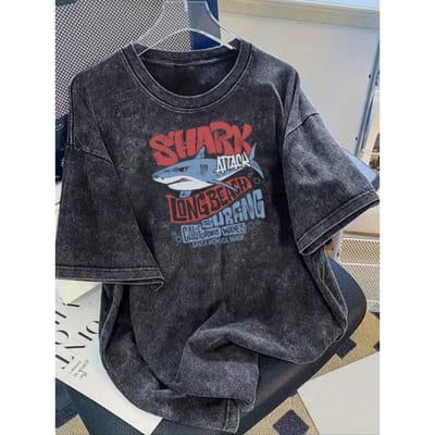 Zomer Mode Stijl Haai Surfen Ontwerp Retro Stijl Los Casual Shirt Universeel Strand T-shirt S gray