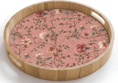 Dienblad rond 40x40 cm - Schootdienblad hout - Botanisch - Bloemen - Roze - Borrelplank rechthoek - Plateau houten dienbladen