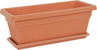 2 Kunststof bloembakken terra cotta met drainage 22L + schaal 60x25cm Rechthoekige bloempot plantenbak