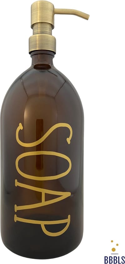 BBBLS® Design Dispenser "Soap" | Bruin Glas | 1 liter | RVS / Metaal Pomp Goud | Zeeppomp | Zeepdispenser | Zeephouder