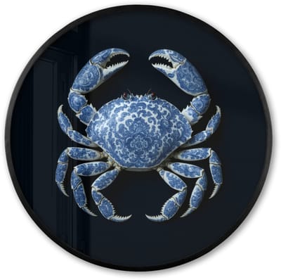 Poster in lijst Rond - Fotolijst 60x60 cm - Posters - Krab - Delfts blauw - Dieren - Ronde posterlijst zwart - Decoratie - Wanddecoratie woonkamer - Muurdecoratie slaapkamer