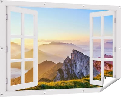 Gards Tuinposter Doorkijk Zonsopkomst in de Bergen in de Alpen - 150x100 cm - Tuindoek - Tuindecoratie - Wanddecoratie buiten - Tuinschilderij