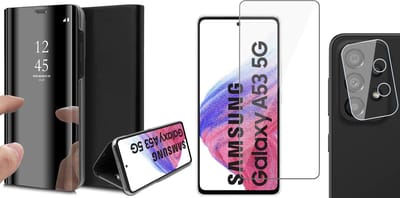 Hoesje geschikt voor Samsung Galaxy A53 - Book Case Spiegel Wallet Cover Hoes Zwart - Tempered Glass Screenprotector - Camera Lens Protector