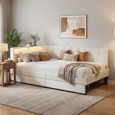Gestoffeerd Bed - Slaapbank Dagbed - Opbergen Slapen - Met Led Verlichting - 90x200 Eenpersoons - Beige Fluweel