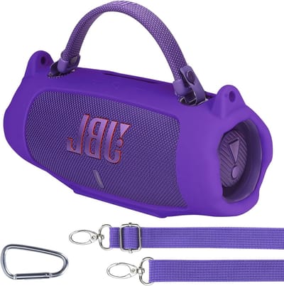 Siliconen Beschermhoes voor Draagbare Bluetooth Speaker met Schouderbanden en Klimhaak (Paars) - Ideaal voor Reizen en Outdoor Activiteiten