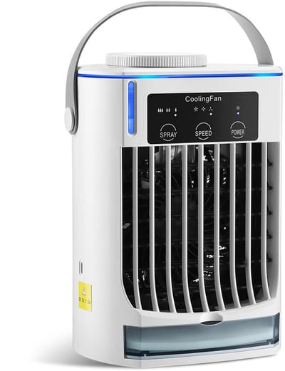 Draagbare mini-airconditioner - 4-in-1 luchtkoeler met luchtbevochtiger, ventilator en blauw nachtlampje - 3 ventilatorsnelheden - geluidsarme koelventilator - watersproeier