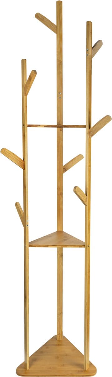 QUVIO Staande kapstok - Met 3 Legplanken - 9 haken - Boomdesign - Garderoberek - Scandinavisch - Decoratie kapstok - Hout - Lichtbruin - 32,5 x 36 x 164 cm