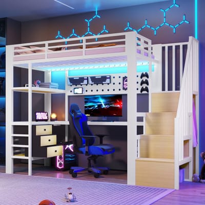 MODFU - Hoogslaper - Bureau En Opbergruimte - Metaal En MDF - Wit - 90 X 200 Cm
