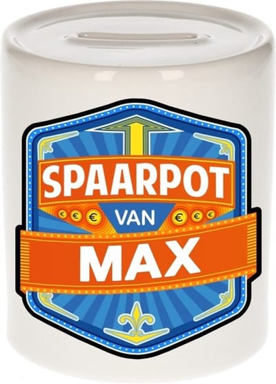 Bellatio Decorations Kinder spaarpot met naam - Max - keramiek - met dop - wit - Sparen - Spaargeld van Max