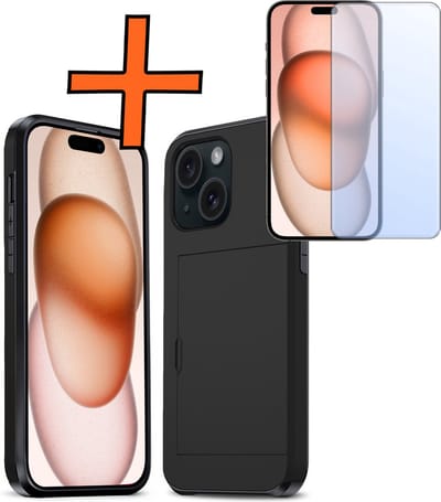 Hoesje Geschikt voor iPhone 15 Hoesje Pasjeshouder Shockproof Hard Case Met Screenprotector - Hoesje Geschikt voor iPhone 15 Hoes Met Kaarthouder - Zwart