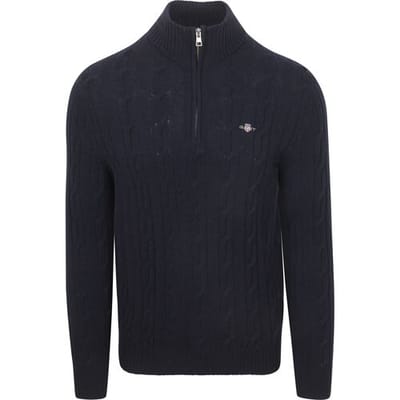 Gant Halfzip Lamswol Trui Cable Navy - Maat XXL - Heren - Quarter zip