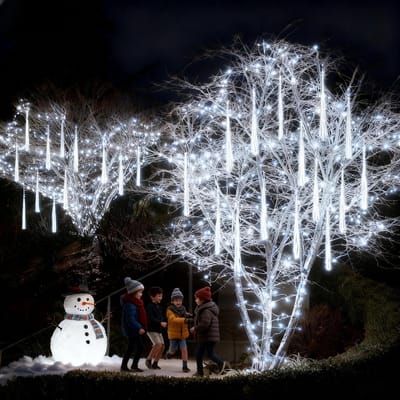 MUPOO Kerstverlichting Buiten - LED Meteorenregen Verlichting 30CM met 8 Transparante Buizen, 360° Verlichting Koppelbaar - Energiezuinige Vallende Sneeuw Lichtjes voor Kerstboom, Trouwerijen, Feestdecoratie en Tuin - Wit