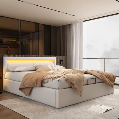 KOMHTOM Tweepersoonsbed 140x200cm Kunstlederen hoofdeinde met LED-verlichting in verschillende kleuren Wit